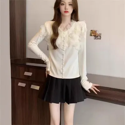 White Lace Trim Long Sleeve Blouse Elegant Women's Top