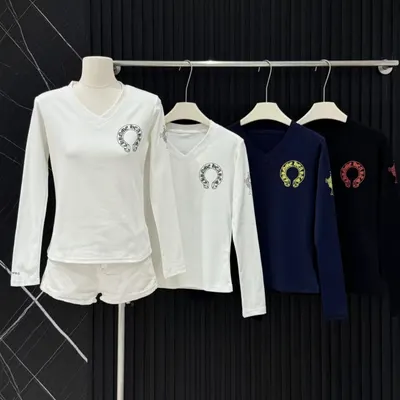 Unisex V Neck Long Sleeve White Casual T-Shirt