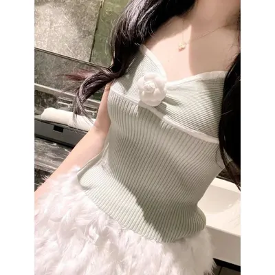 Knit Crop Top Mint Green Floral Embellished
