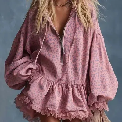 Pink Leopard Print Ruffle Hoodie Casual Top