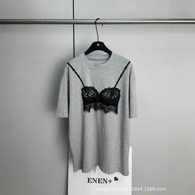 ENEN+ Gray Lace Bra Print T-Shirt