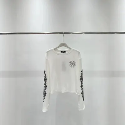 White Long Sleeve Crop Top With Black Pattern Casual T-Shirt