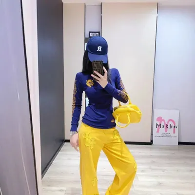 Blue Long Sleeve Top Yellow Embroidered Pants Set