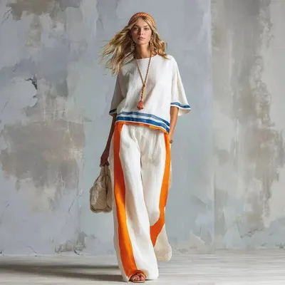 Linen Wide Leg White Orange Stripe Casual Pants
