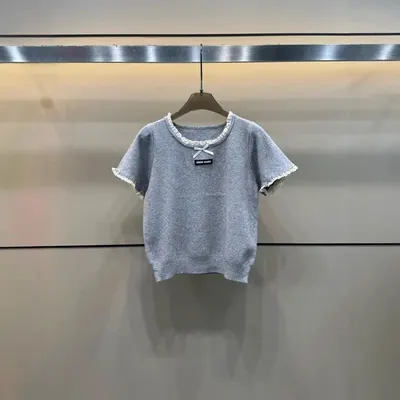 Gray Short Sleeve T-Shirt With Lace Trim Casual Top