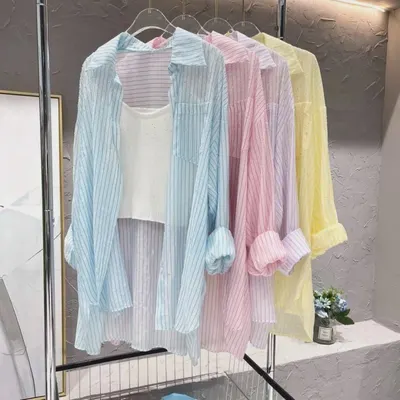 Striped Long Sleeve Shirt Blue Pink Yellow Casual Blouse