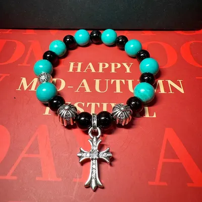 Turquoise And Black Beaded Cross Pendant Bracelet