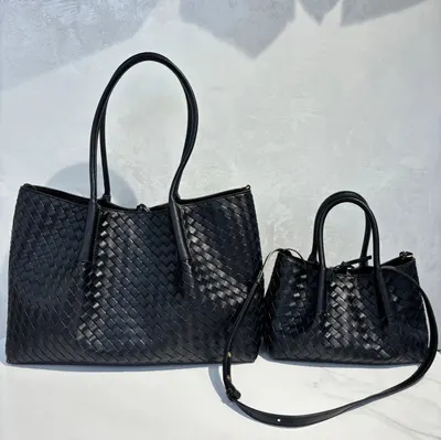 Woven Leather Black Tote Bag Set