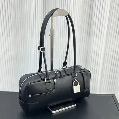 Leather Barrel Black Handbag With Lock