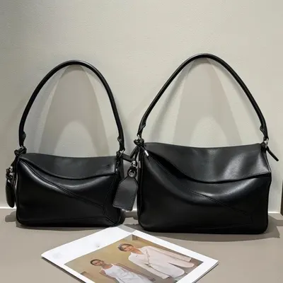 Leather Shoulder Bag Black Minimalist Tote