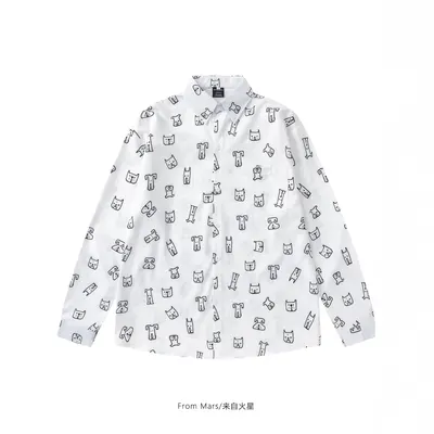 From Mars Cat Print White Long Sleeve Shirt