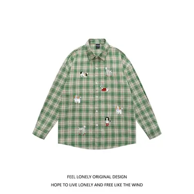 Feel Lonely Plaid Green Dog Print Casual Shirt