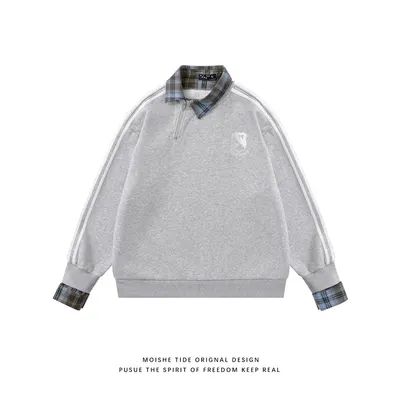 Moishe Tide Plaid Collar Gray Casual Sweatshirt