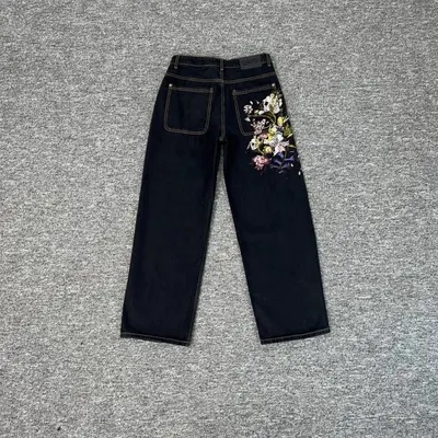 Black Floral Embroidered Wide Leg Jeans