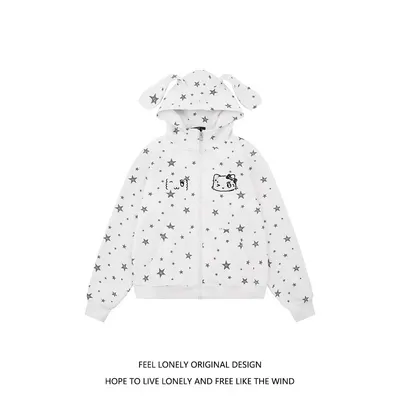Feel Lonely Star Print White Hoodie With Ears