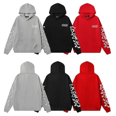 Amiri Hoodie Gray Black Red Skeleton Print Sweatshirt