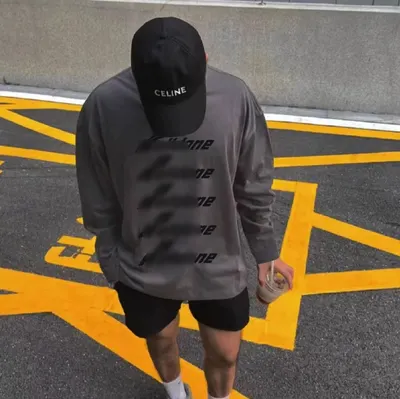 Celine Logo Print Grey Long Sleeve T-Shirt