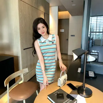 Striped Sleeveless Blue Polka Dot Dress