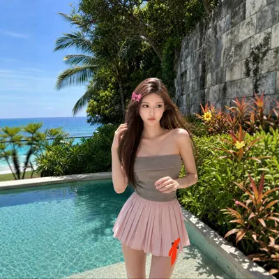 Strapless Top Gray Pink Pleated Skirt Set Summer Outfit