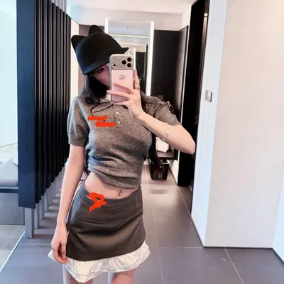 Gray Knit Cropped Polo Shirt Gray Casual Top