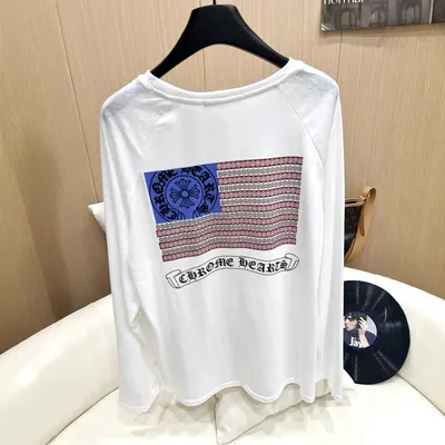 White Long Sleeve T-Shirt With American Flag Print Casual