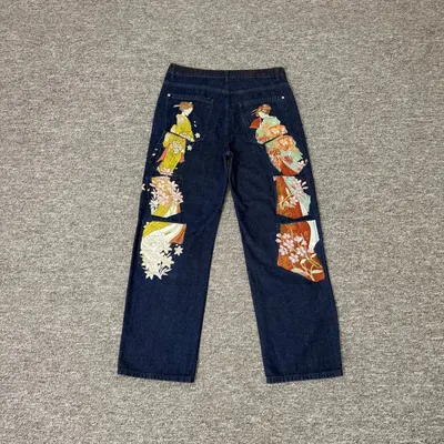 Denim Jeans Dark Blue Embroidered Art Pants