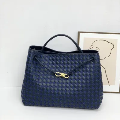 Woven Leather Tote Bag Navy Blue Classic Style