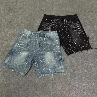 Denim Studded Shorts Blue And Black Casual