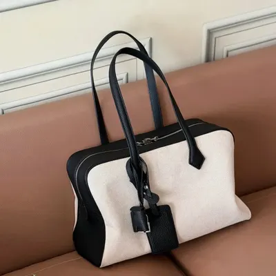 Leather Canvas Tote Bag Beige And Black Classic Handbag