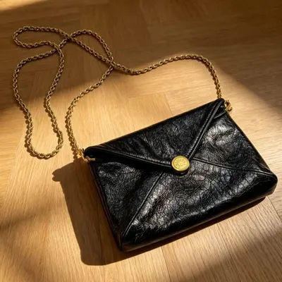Black Leather Envelope Crossbody Bag Gold Chain