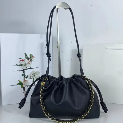 Black Leather Drawstring Shoulder Bag With Gold Chain